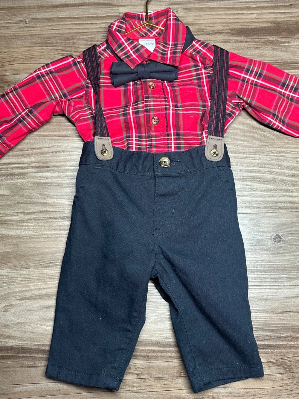 Carter's Red Plaid Christmas 3PC with Black Suspender Pants Set 3M